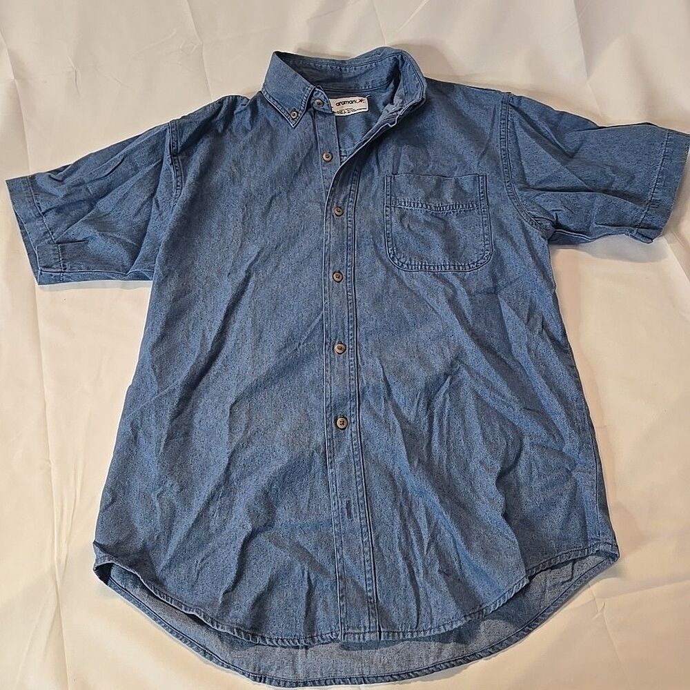 Aramark Work Shirt Men S Blue Vintage Denim Jean Button Down Western Minimalist
